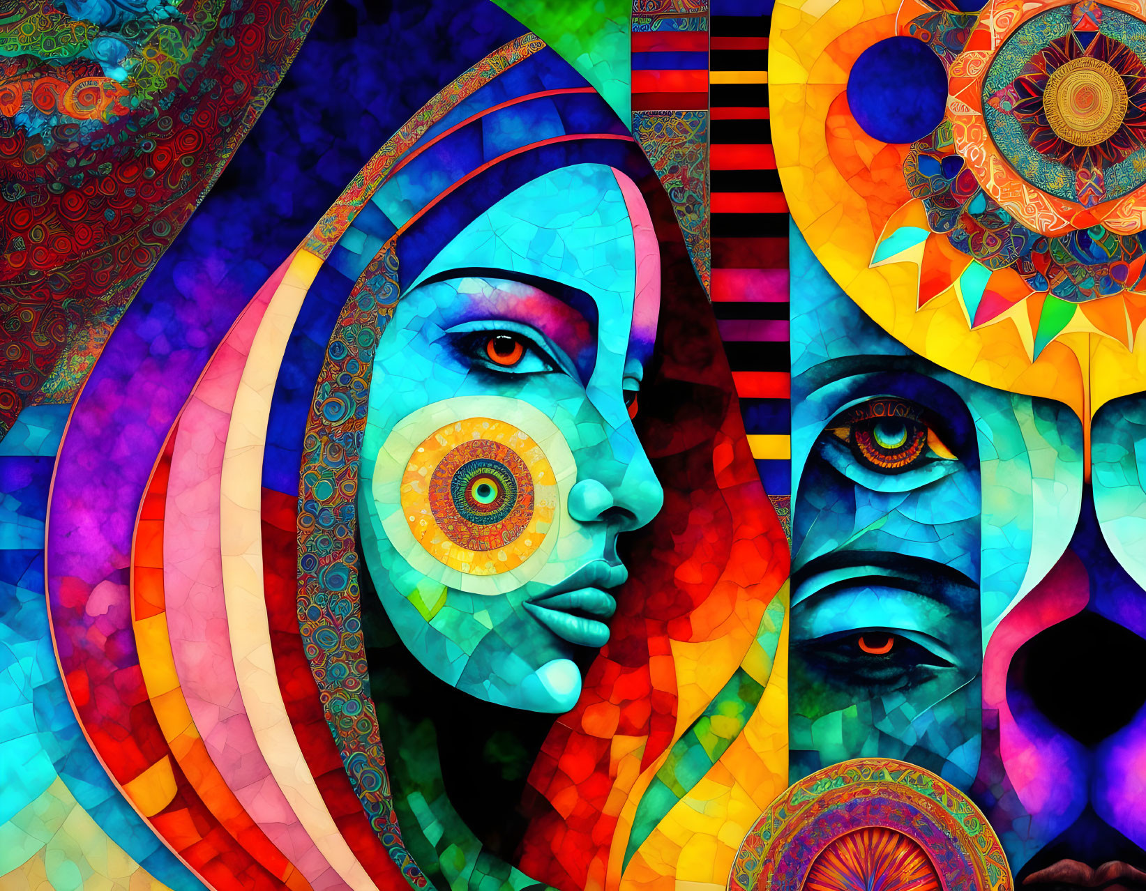 Abstract digital art: Three faces merging with colorful patterns