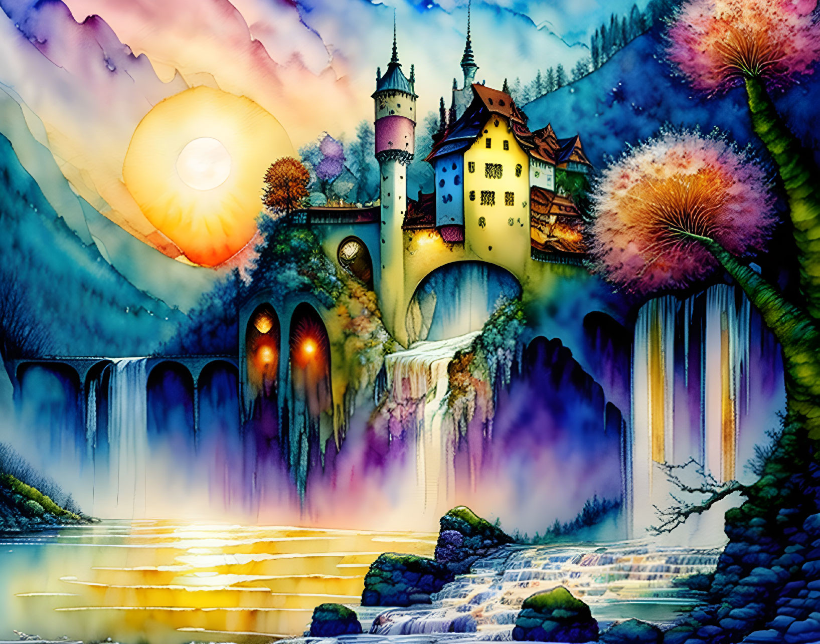 Vibrant fantasy landscape with castle on waterfall, glowing sun, river, and colorful trees