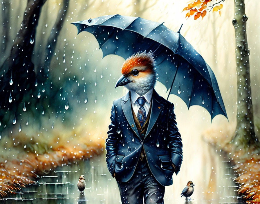 Anthropomorphic bird in suit under umbrella in autumn forest with small birds