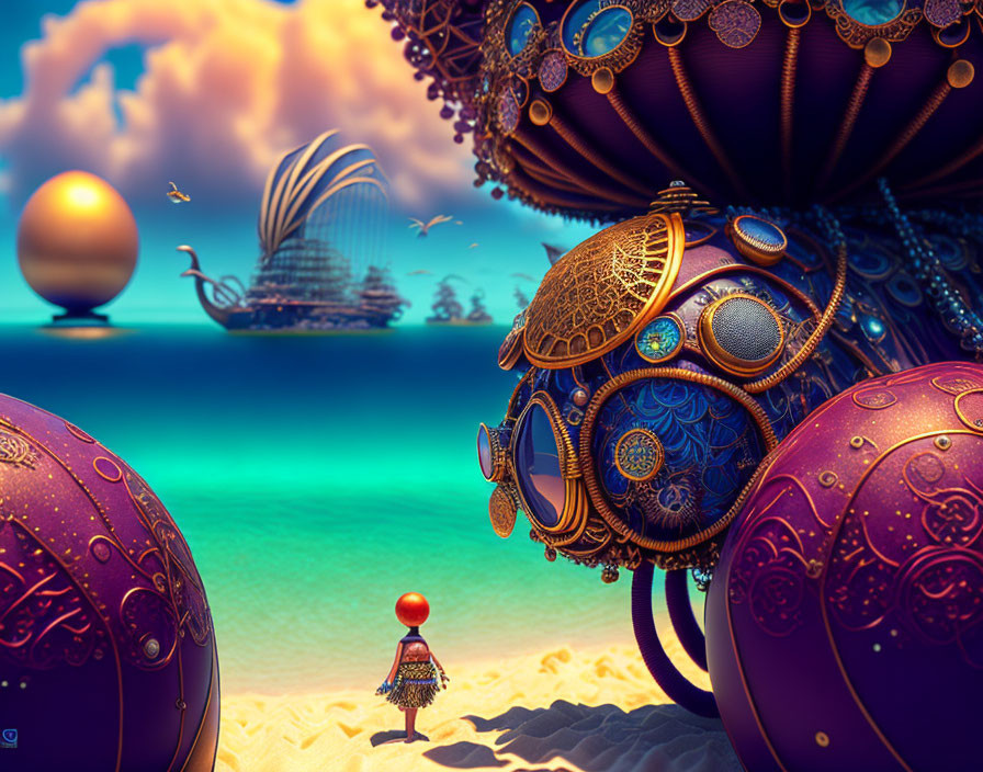 Surreal beachscape with ornate orbs, fantastical ship, and cloudy sky