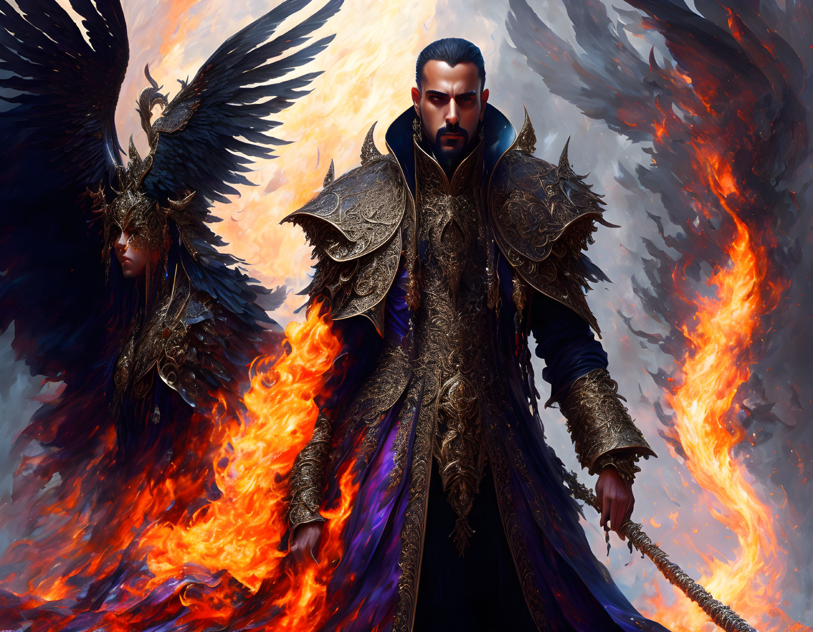 Fantasy artwork of stern man in golden armor with sword and fiery phoenix