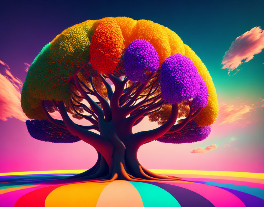 Colorful digital art: Whimsical tree with multicolored foliage and purple blooms against sunset sky