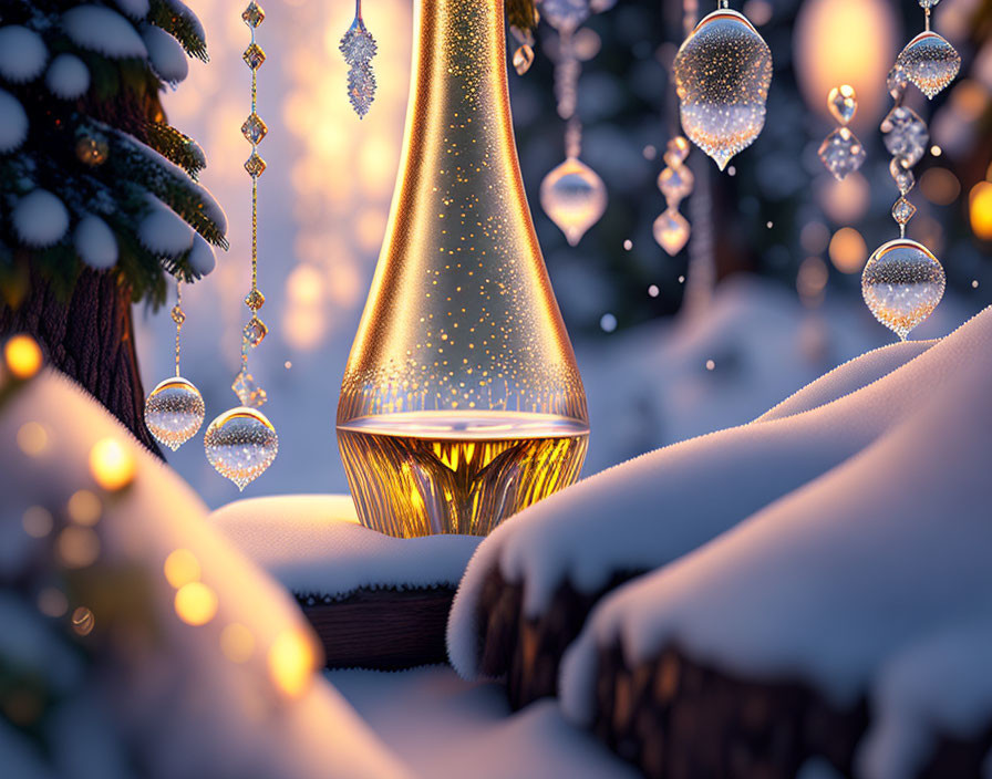 Illuminated bottle with sparkling lights in snowy setting