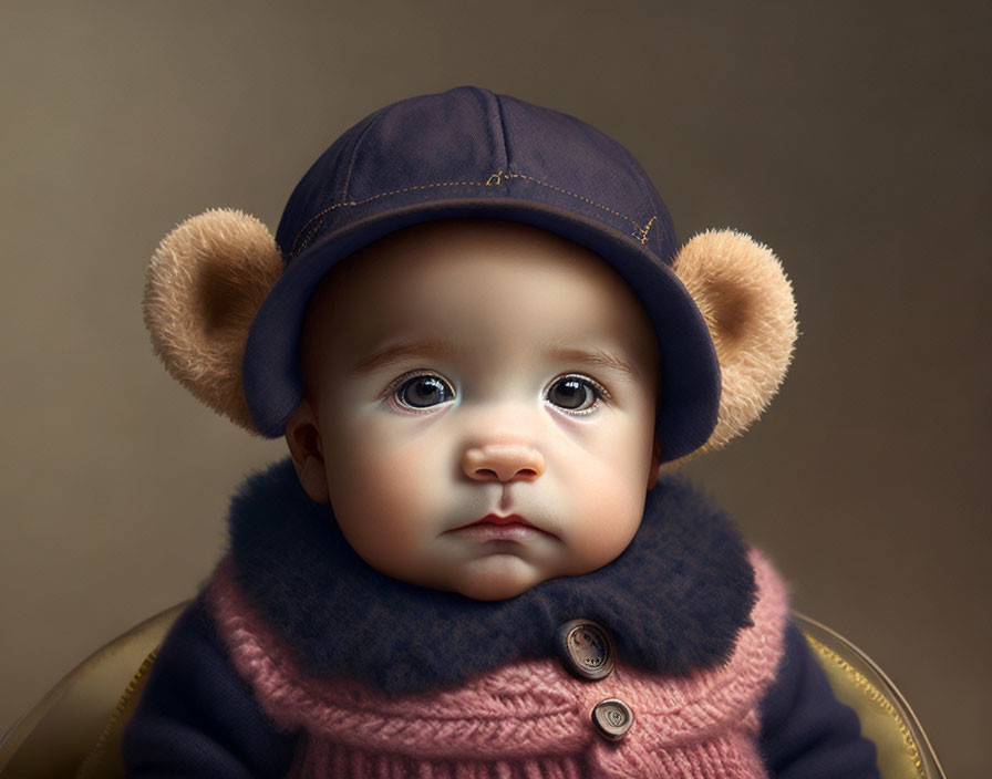 Baby in Navy Blue Bear-Eared Hat and Purple Sweater