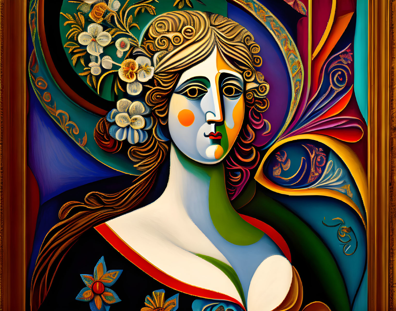 Vibrant painting of woman with floral and abstract motifs