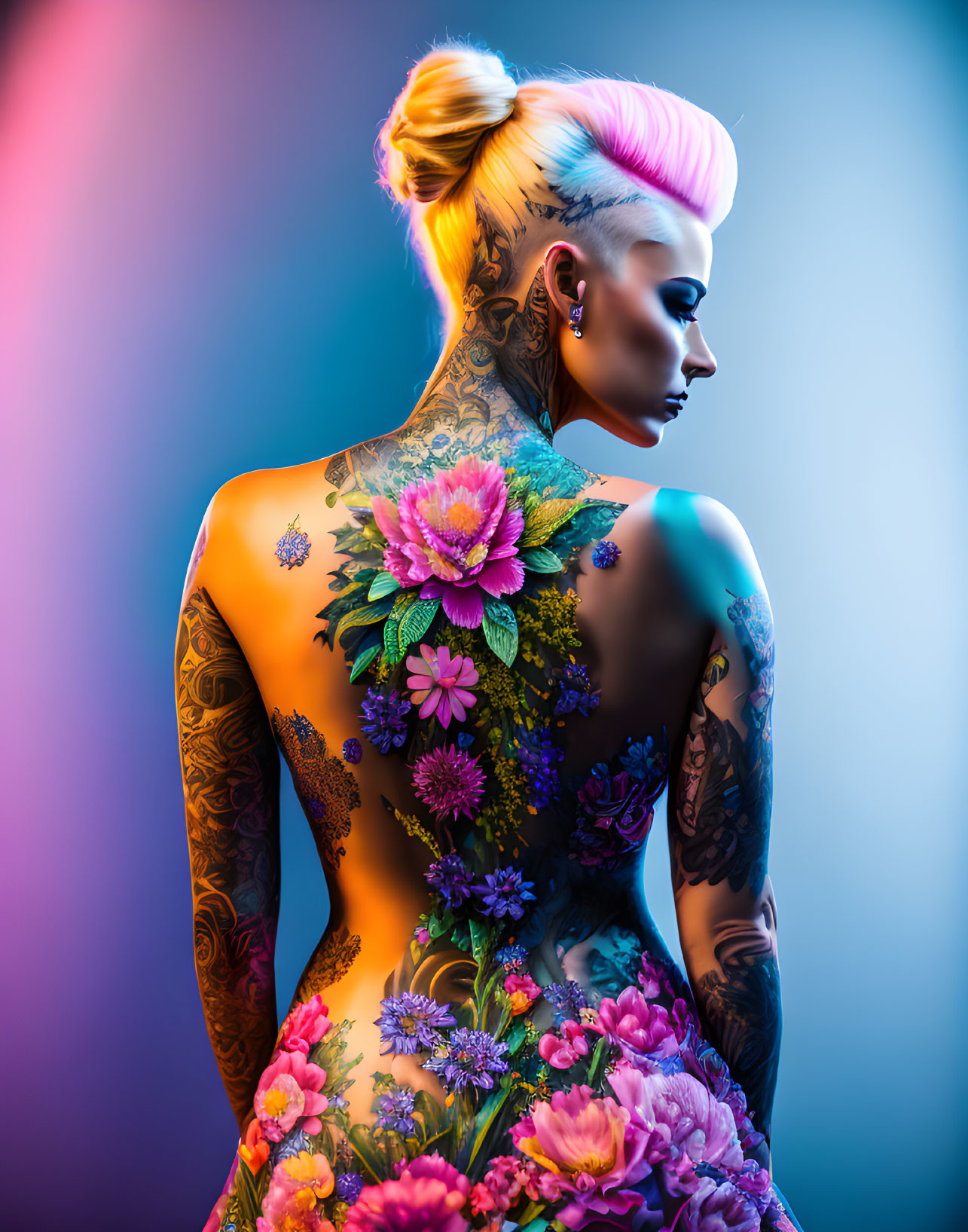 Colorful Mohawk Hairstyle and Floral Tattoos on Woman Against Gradient Background