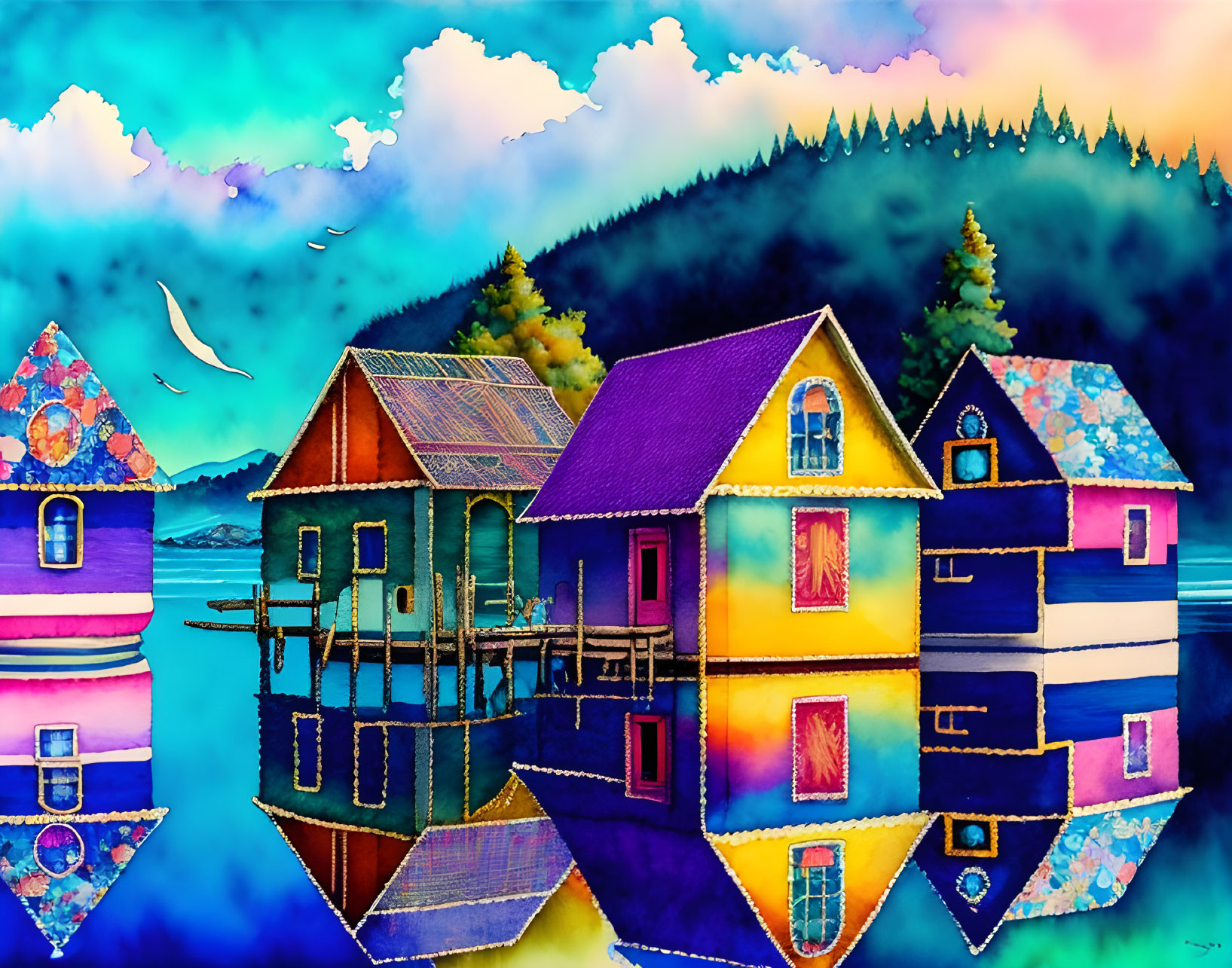 Vibrant waterfront houses with colorful roofs and serene reflections in water.