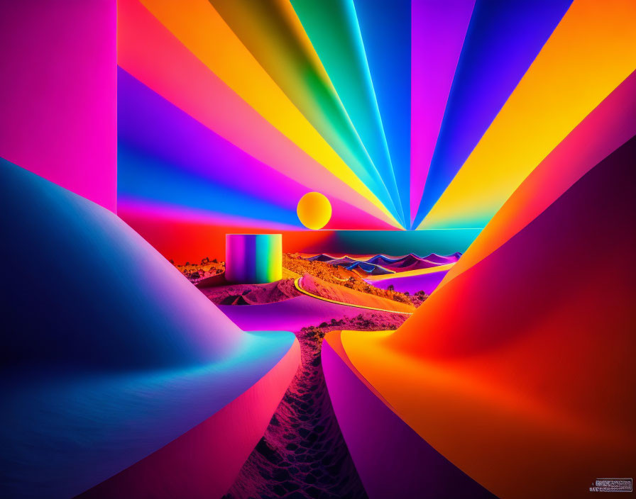 Vibrant surreal landscape with colorful rays, hills, cylindrical structure, and setting sun