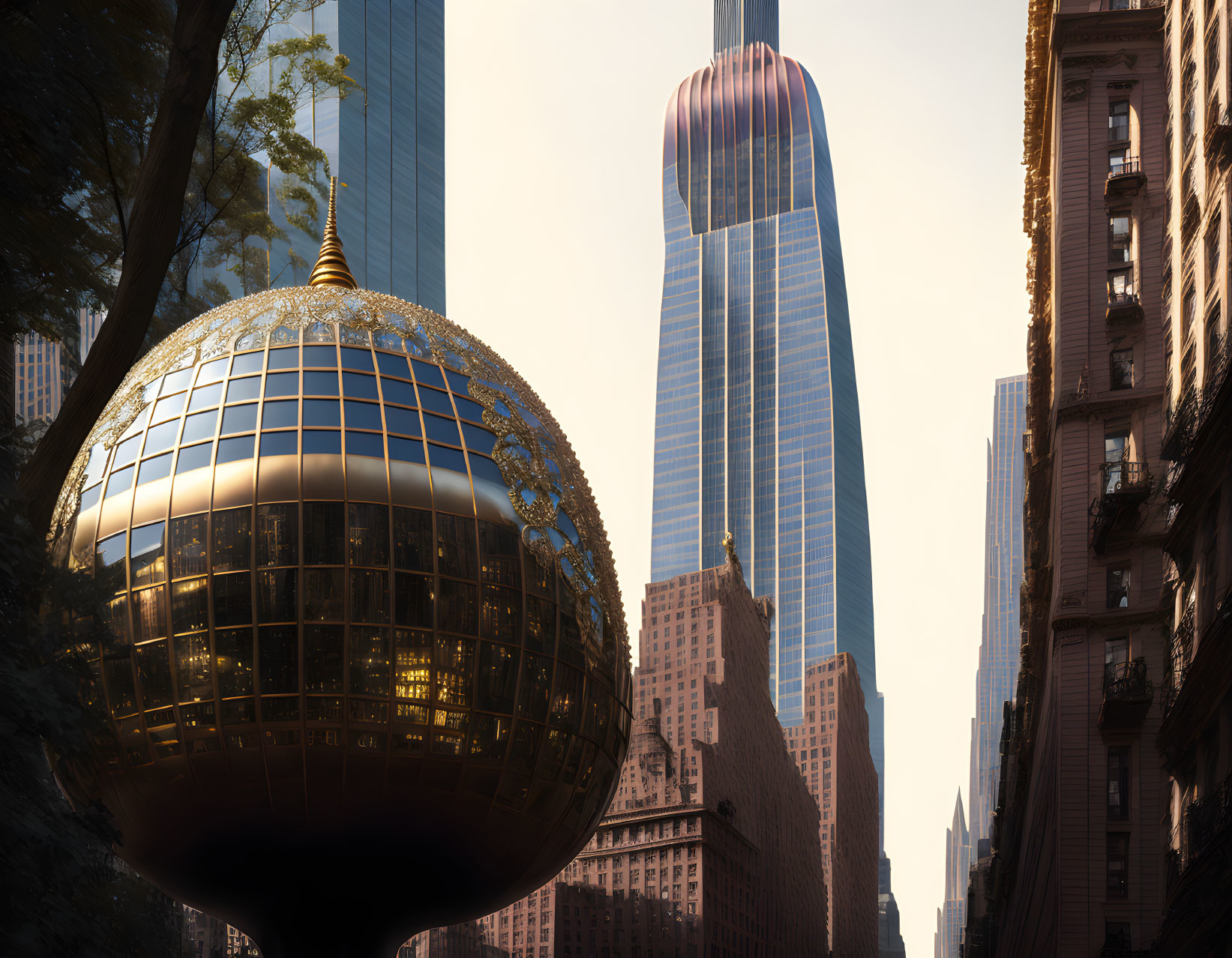 Golden globe sculpture amidst skyscrapers showcasing historical and modern architecture