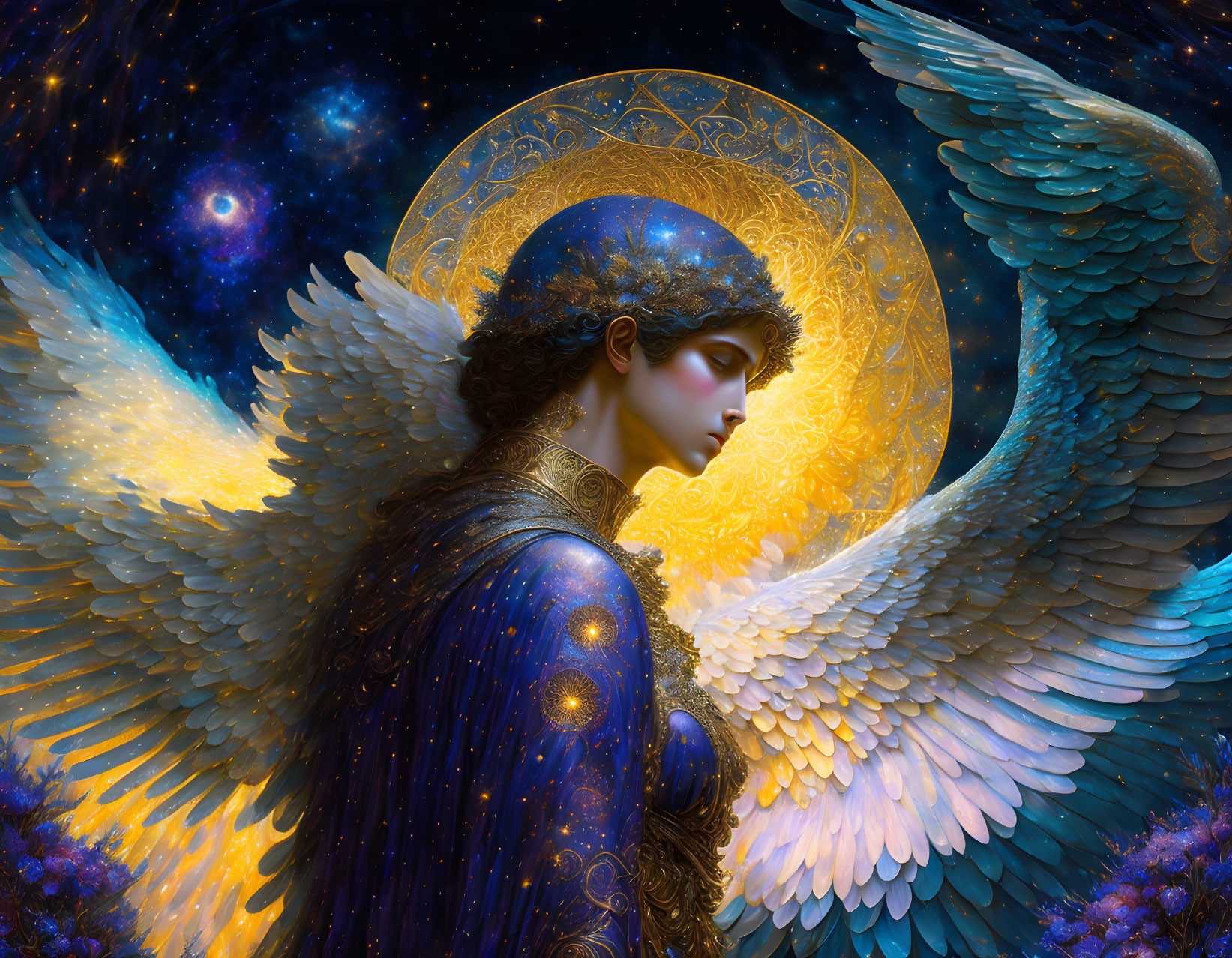 Angel with Golden Halo and Star-Filled Wings in Cosmic Setting