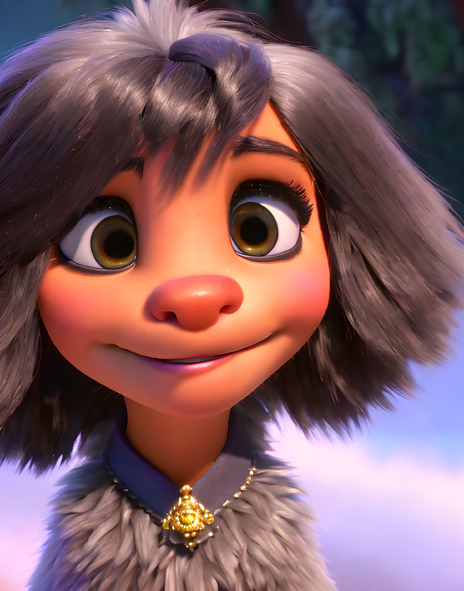 Gray-furred animated character with big brown eyes and a golden necklace