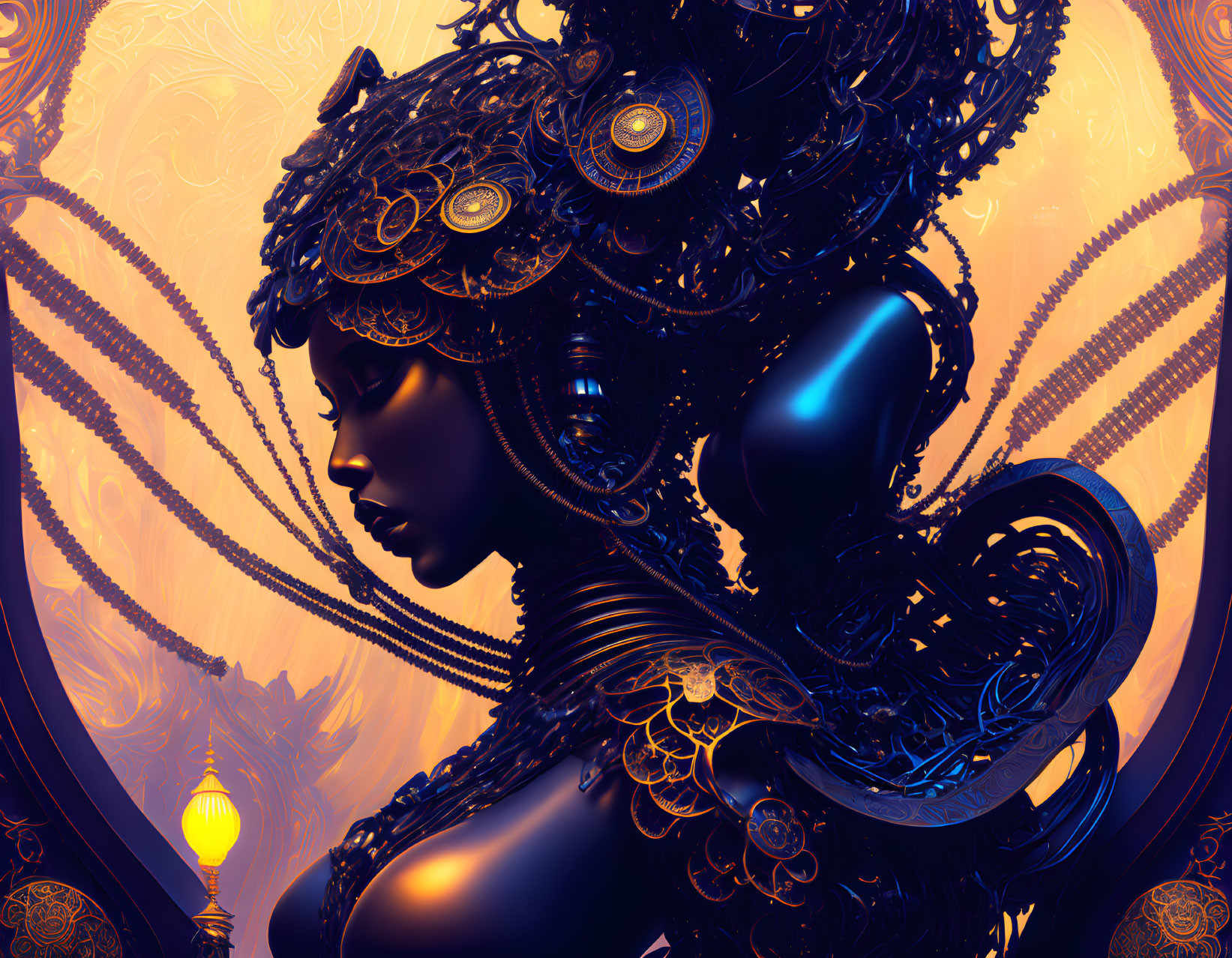 Surreal portrait of a woman with ornate mechanical headgear on golden backdrop