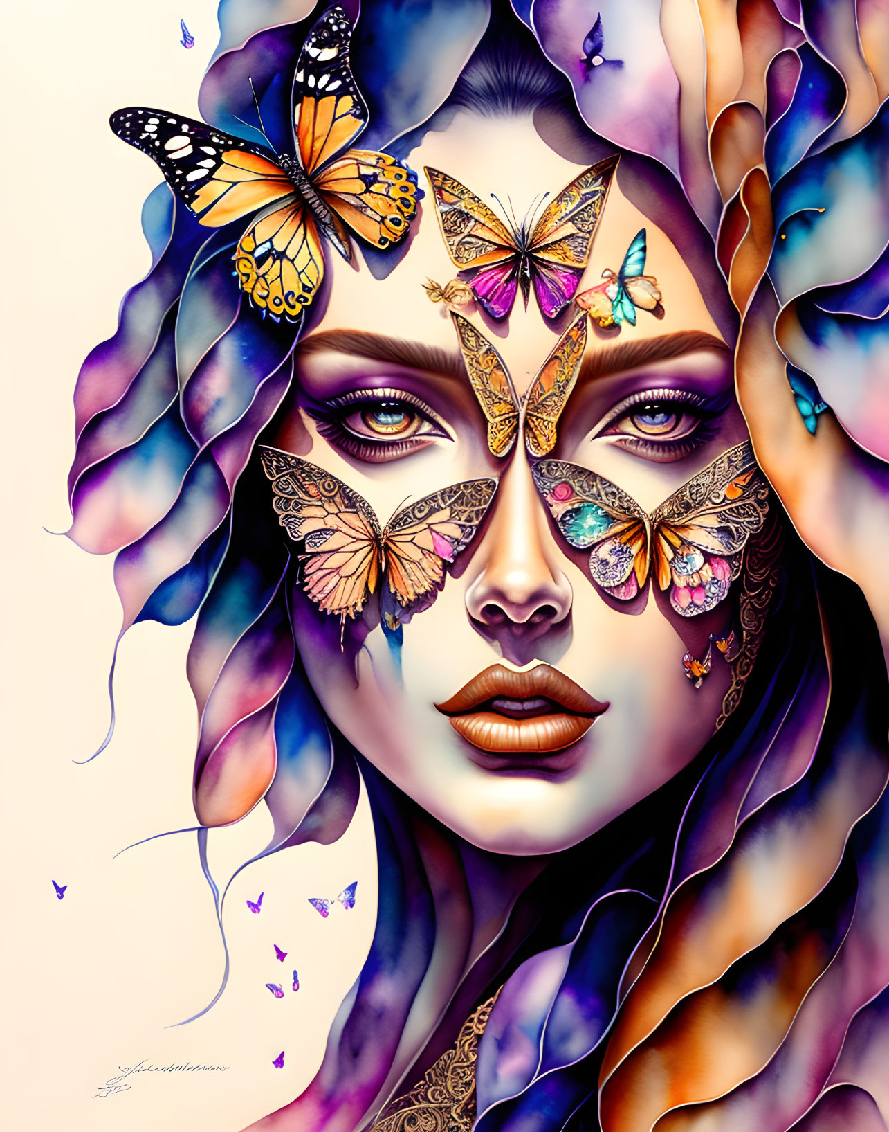 Woman with Butterfly Motifs: Vibrant Makeup & Colorful Hair