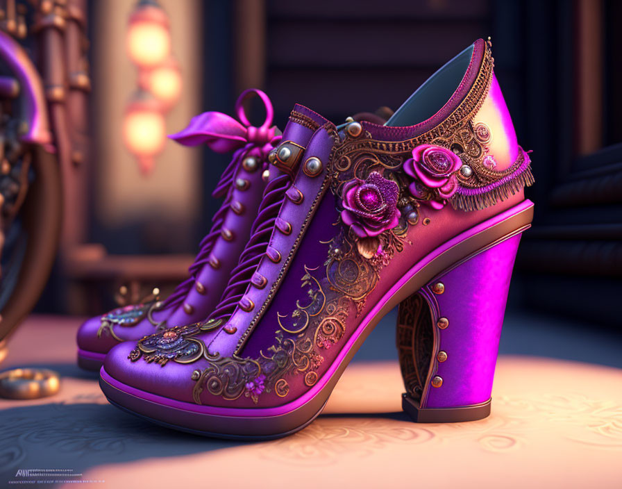 Purple High-Heeled Shoes with Floral and Filigree Designs