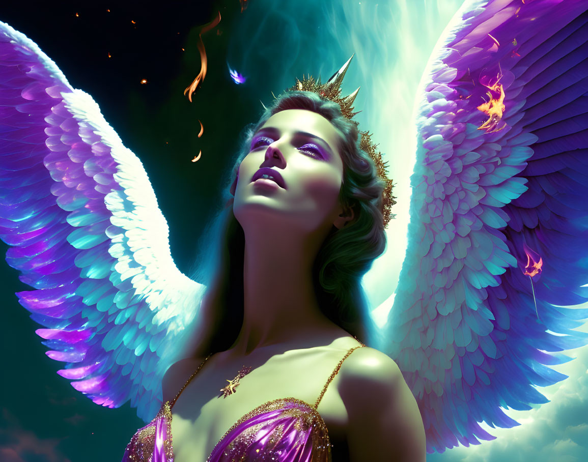 Majestic figure with iridescent wings and crown in mystical aura.