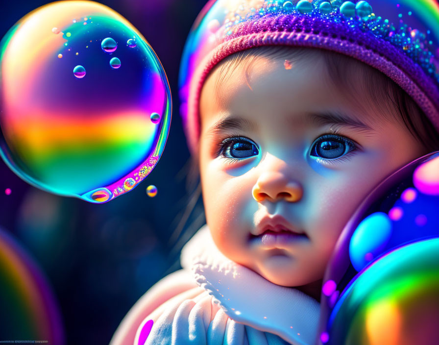 Child with wide eyes in beanie amid iridescent bubbles