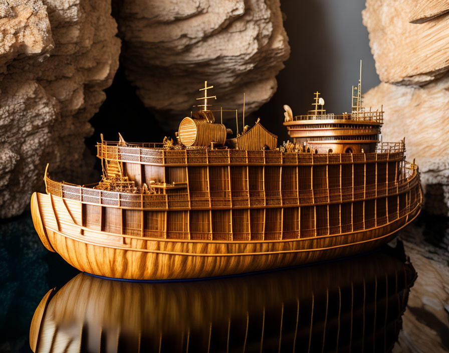 Wooden Ship Model Displayed Among Rocks with Reflection on Glossy Surface