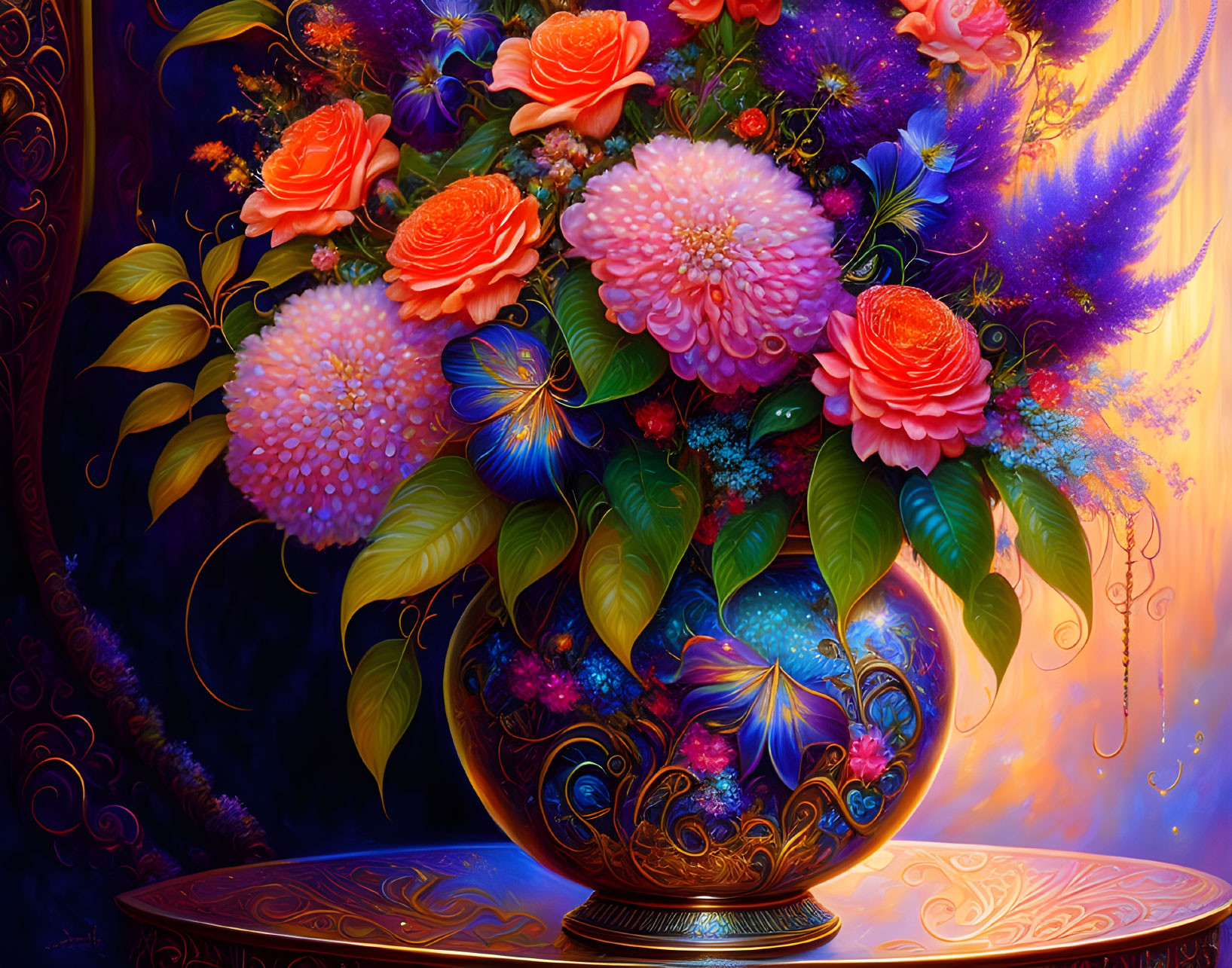 Colorful digital artwork: Floral arrangement with pink and orange blossoms, butterflies, and leaves