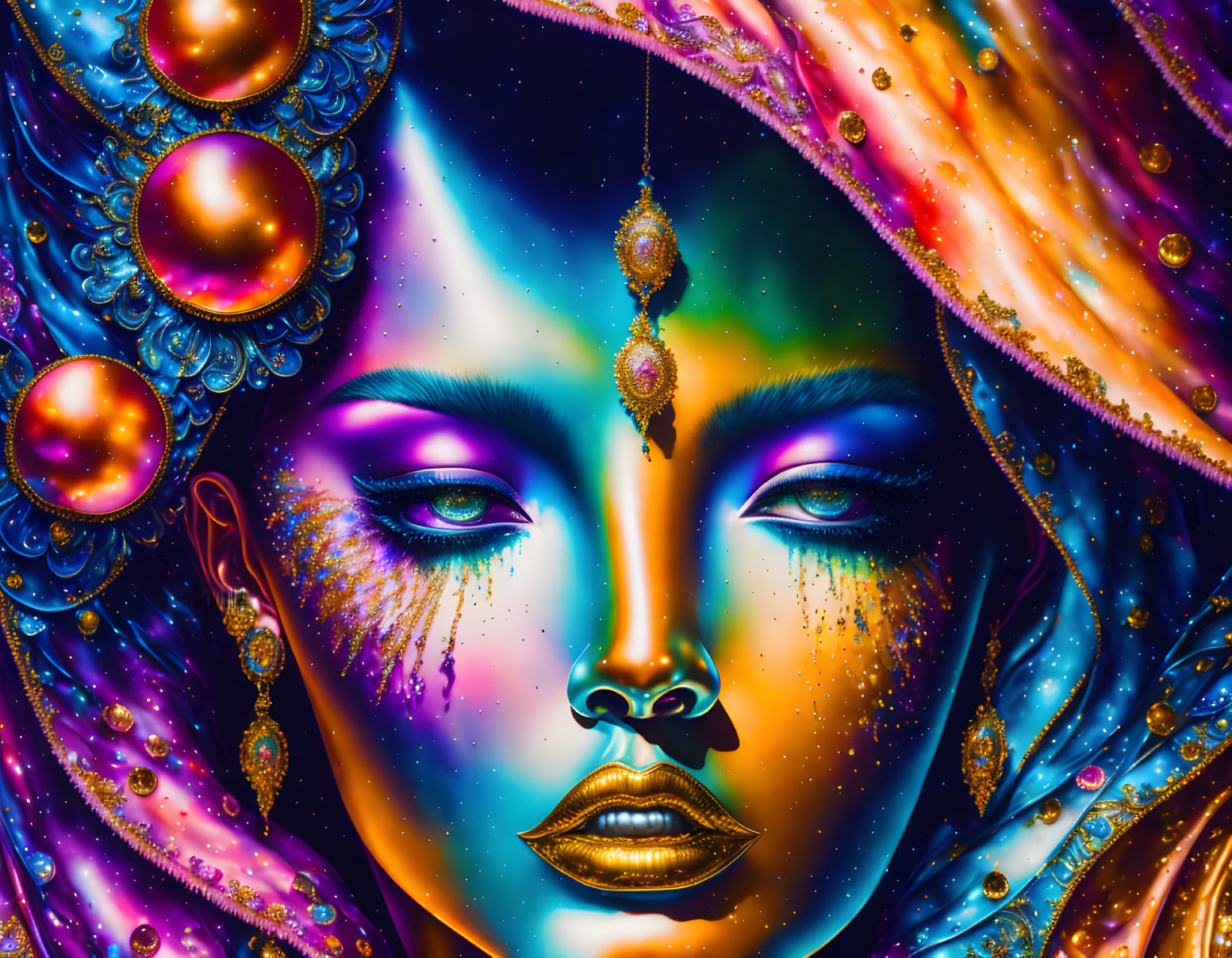 Colorful cosmic-themed portrait of a woman with golden lips and jewels in a starry setting