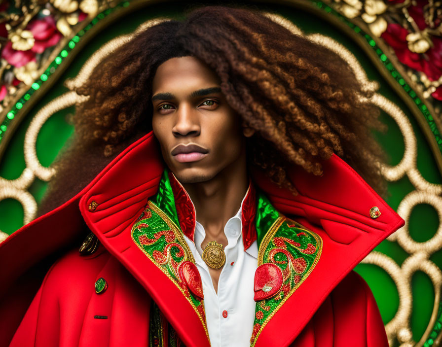 Person with Voluminous Curly Hair in Red Coat with Elaborate Embroidery