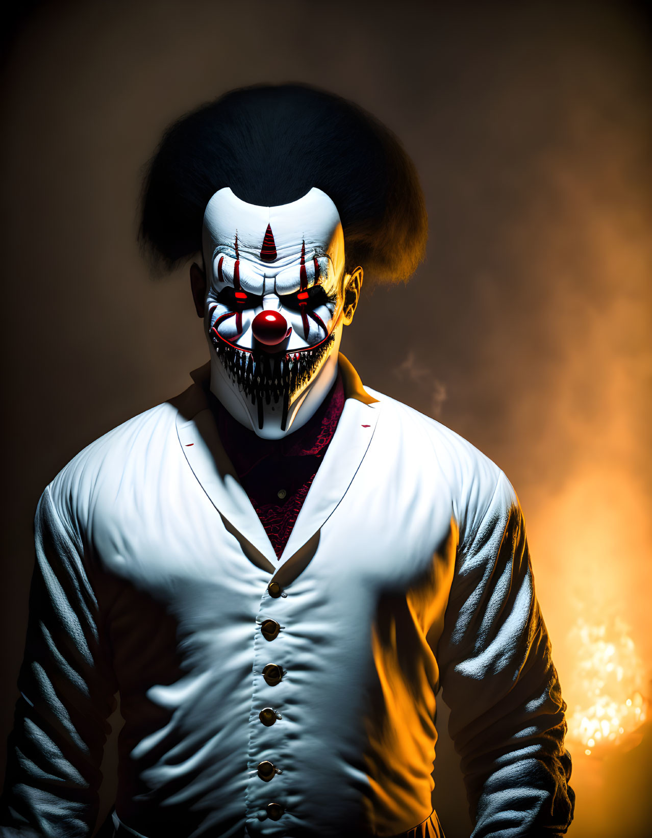 Character in Clown Mask with Exaggerated Features on Dark Background