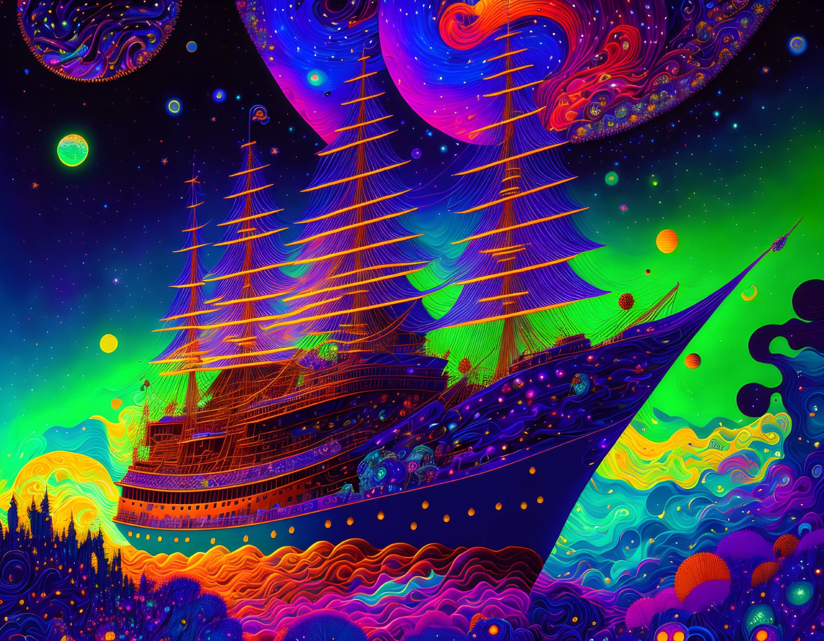 Colorful Psychedelic Illustration of Sailing Ship on Swirling Sea