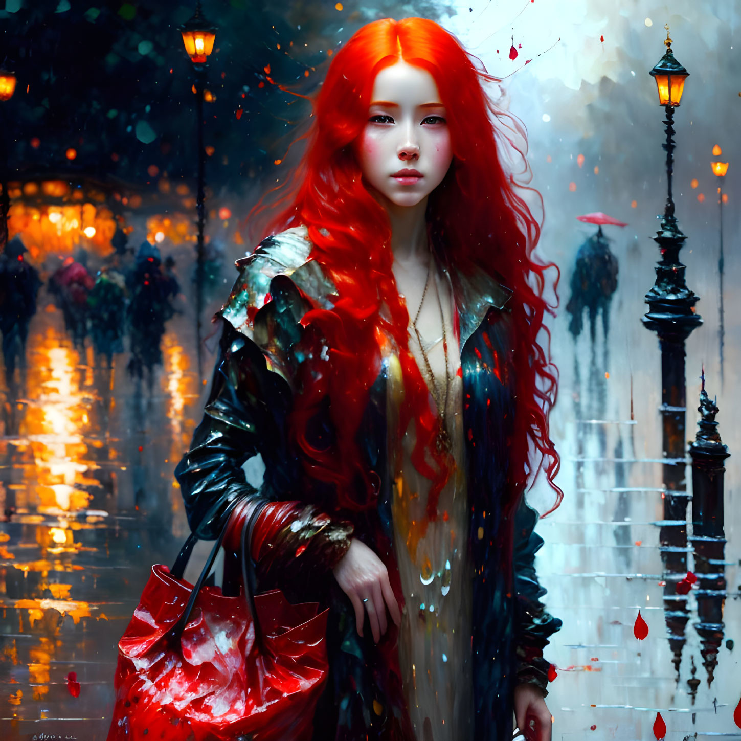 Red-haired woman in leather jacket with red bag in rainy cityscape at night