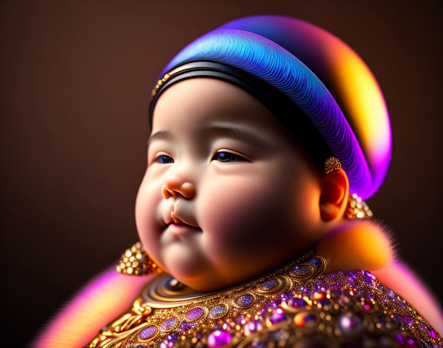 Vibrant digital painting of a baby in radiant, iridescent headwear and ornate,