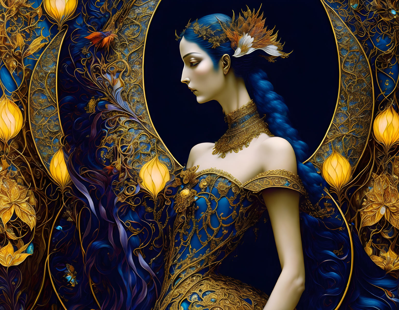 Fantastical illustration of a woman in blue hair and golden armor surrounded by glowing flowers.