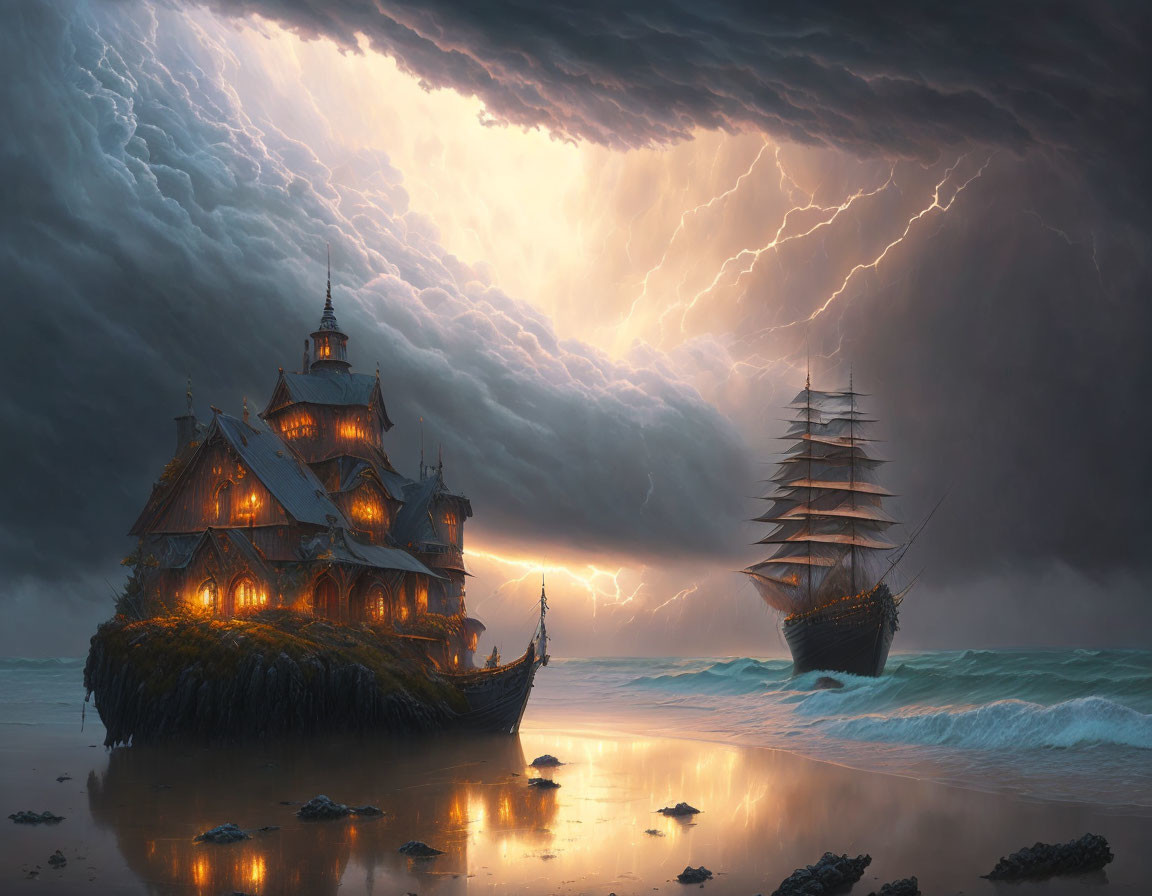 House on Small Island Under Stormy Sky with Ship and Rowboat