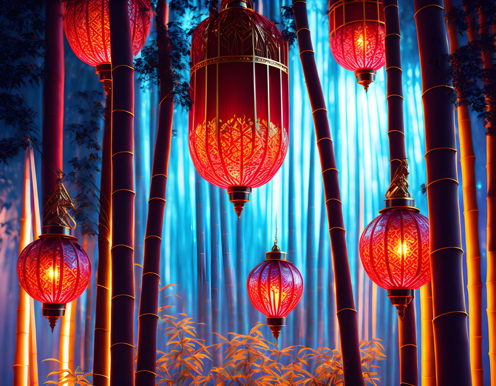 Red lanterns in mystical bamboo forest with vibrant blue lighting