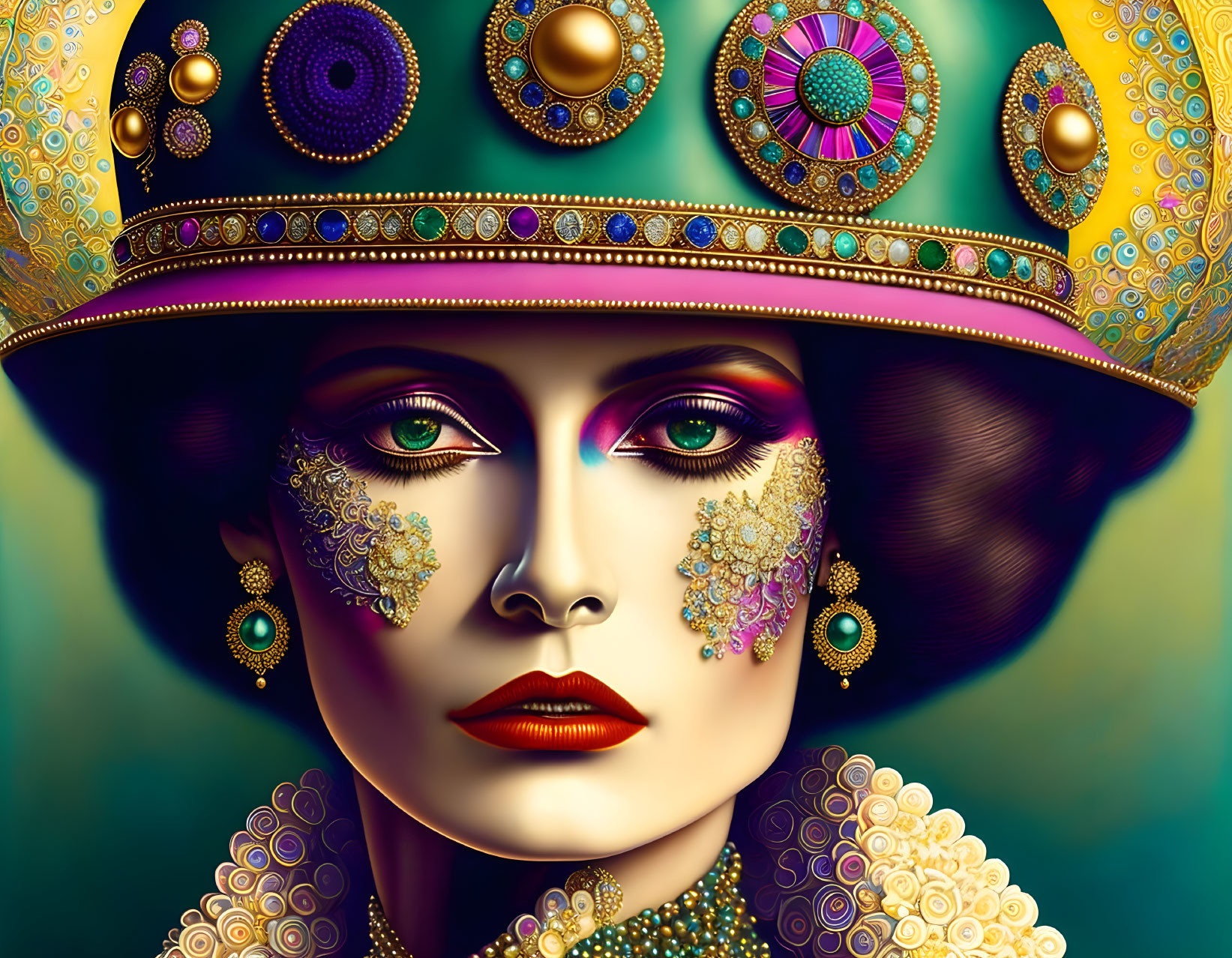 Vivid digital artwork of woman with golden headwear & intricate jewelry