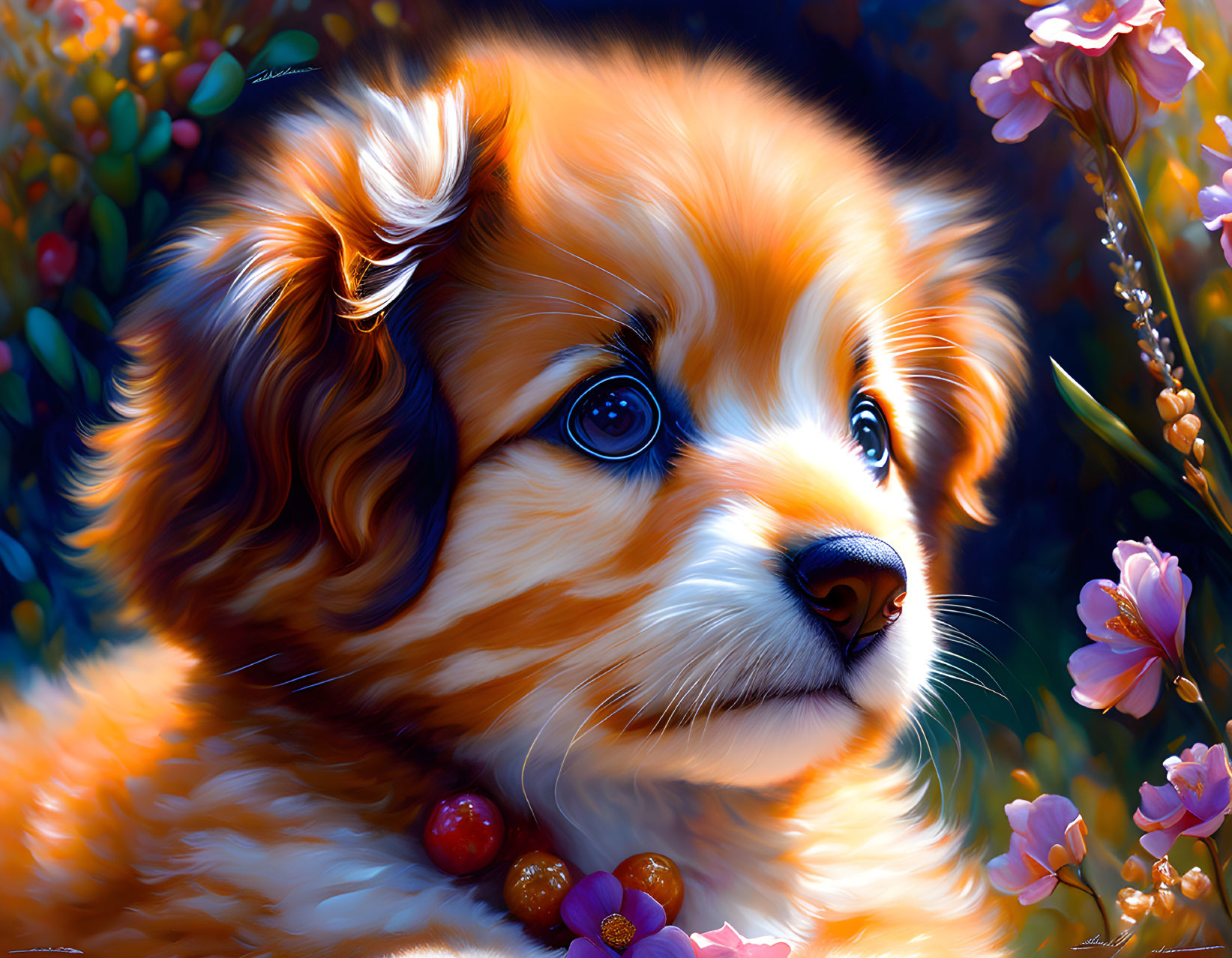 Brown and White Puppy with Blue Eyes Surrounded by Flowers and Greenery