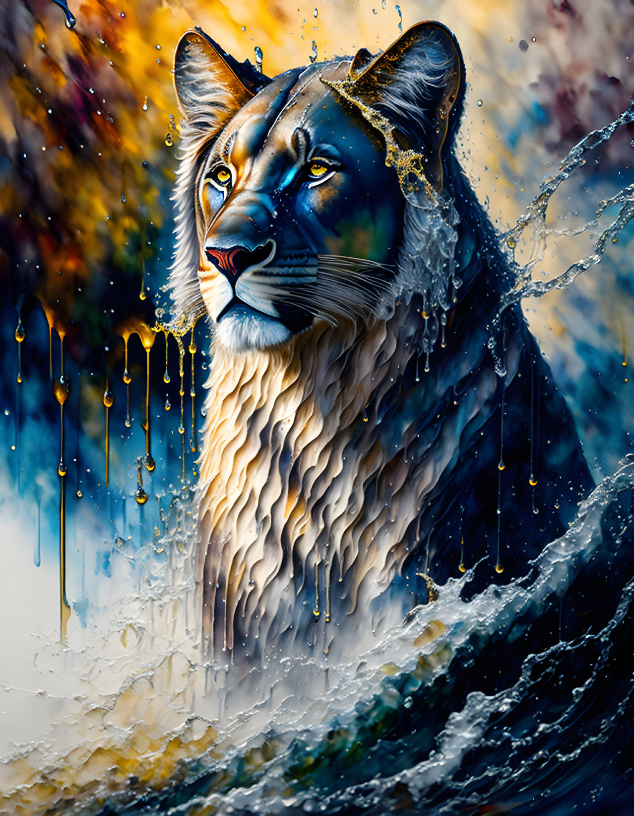 Colorful lion artwork with water splashes, fiery hues, and dripping colors