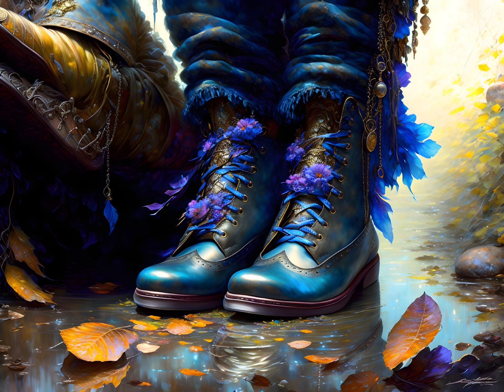 Blue Boots with Purple Flowers in Fantasy Autumn Setting