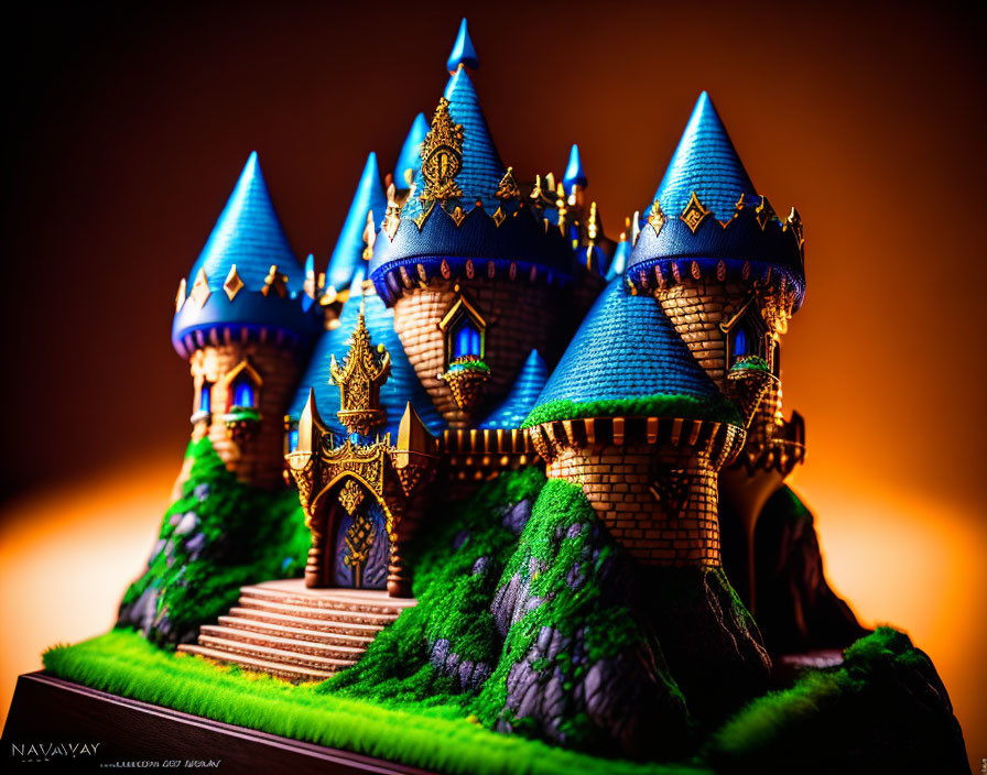 Fantasy castle model with blue turrets and golden accents