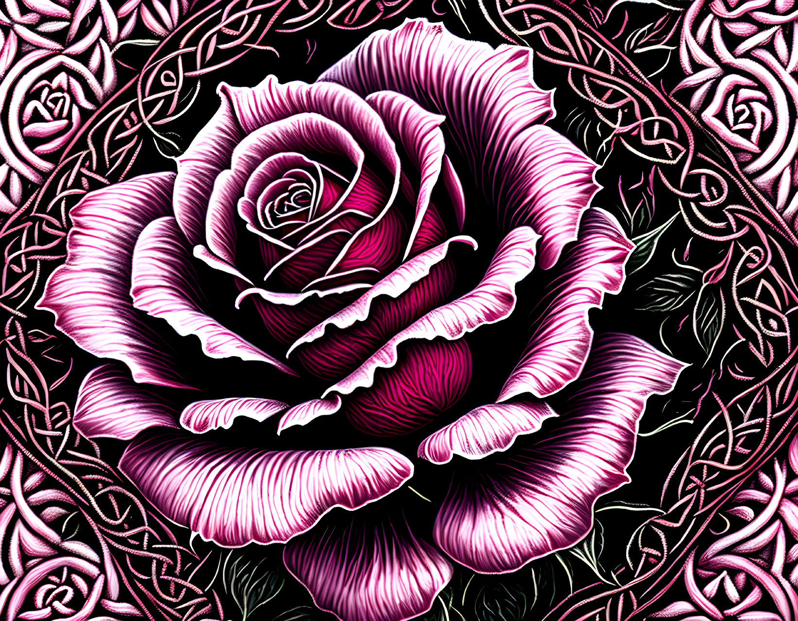 Pink and White Rose with Dark Pink Patterns on Thorny Vine Background