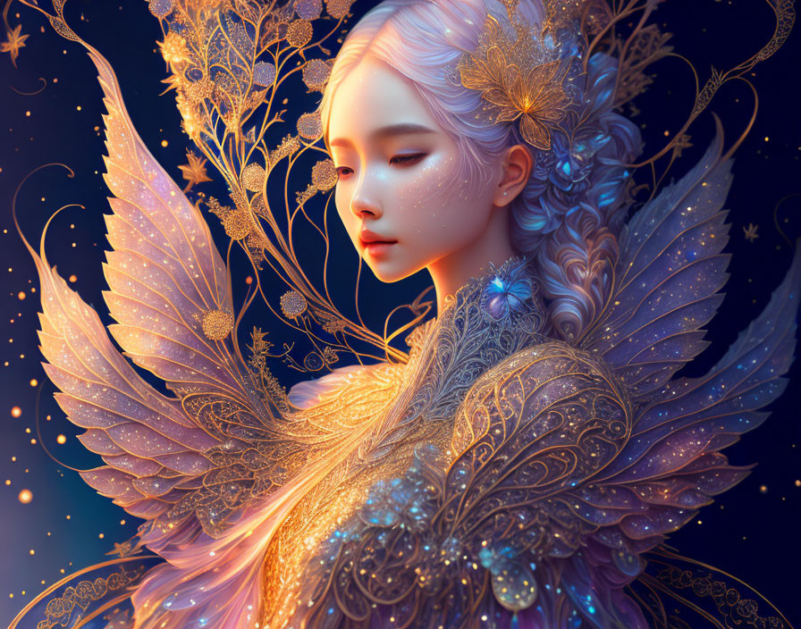 Detailed Golden Winged Angelic Figure in Ornate Attire on Starry Night