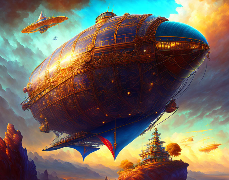 Intricate steampunk airship in vibrant sky with whimsical city below