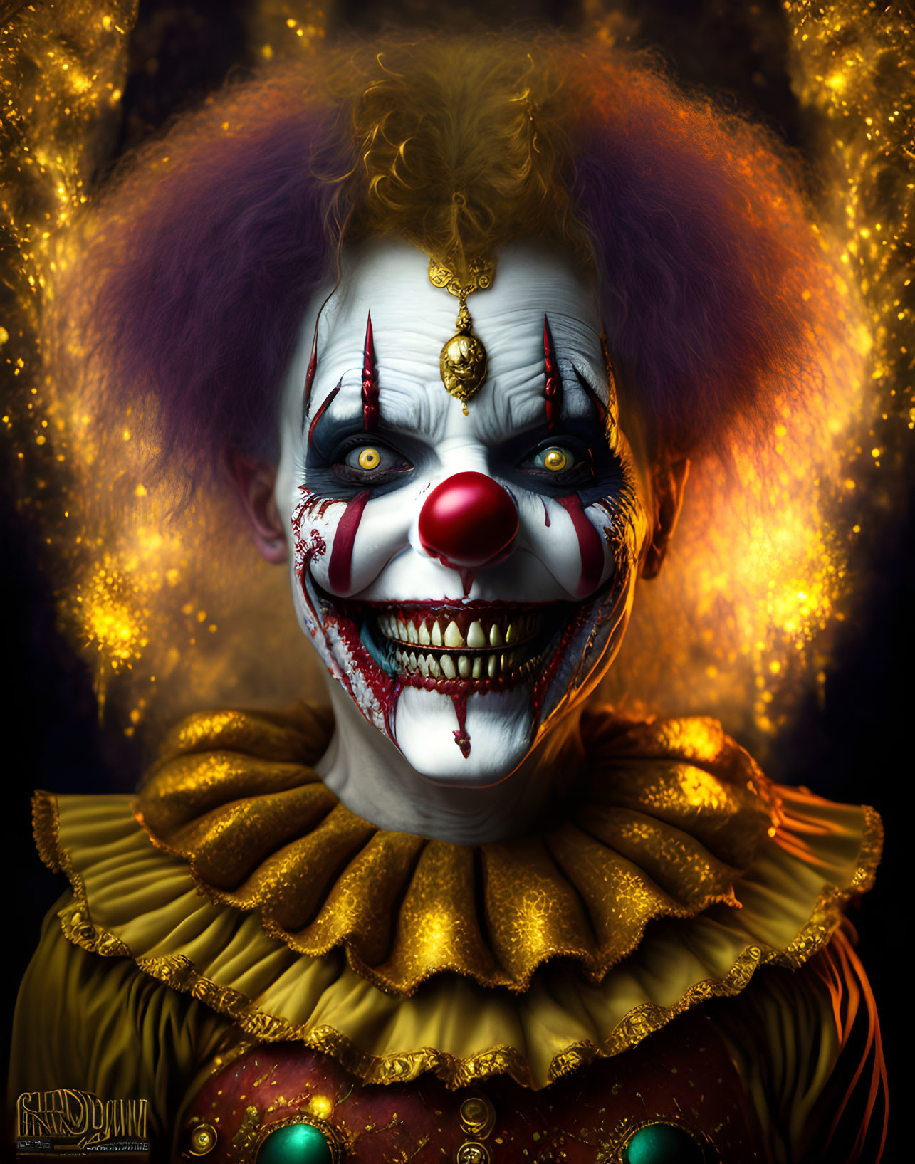 Menacing clown with sharp teeth and purple hair in ornate costume against mystical backdrop