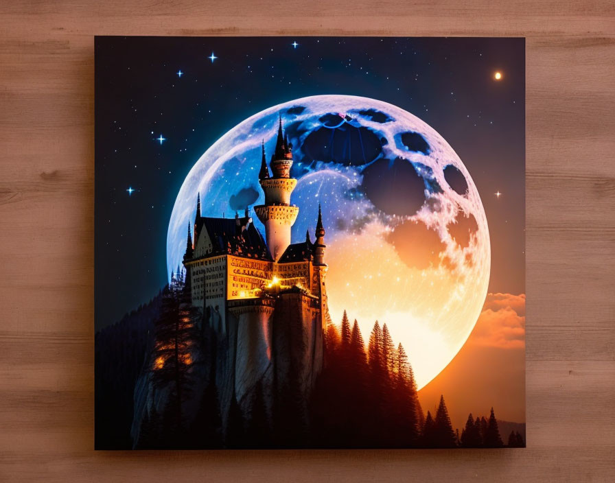 Fantastical castle scene canvas print on wooden wall