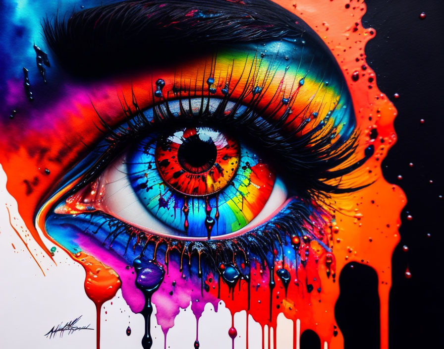 Colorful Eye Artwork with Rainbow Hues on Dark Background