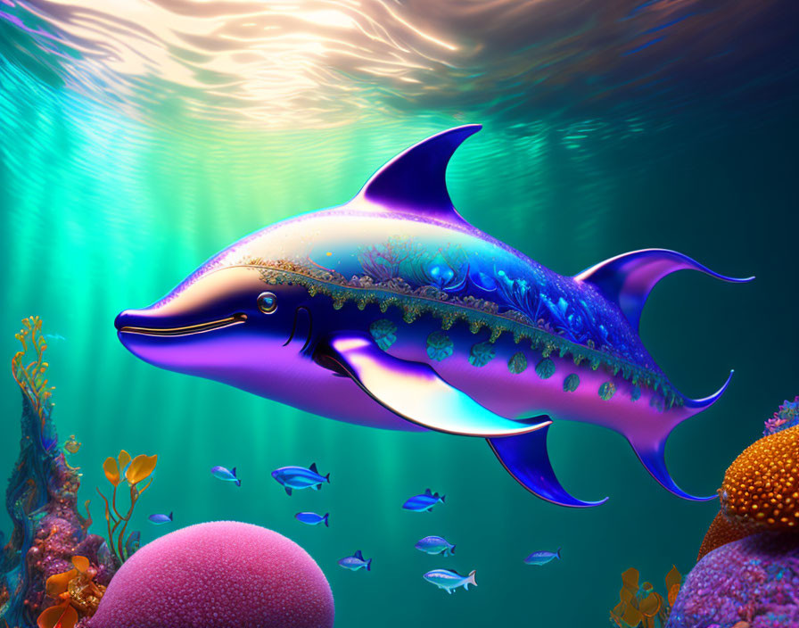 Colorful Stylized Dolphin Swimming in Vibrant Underwater Scene