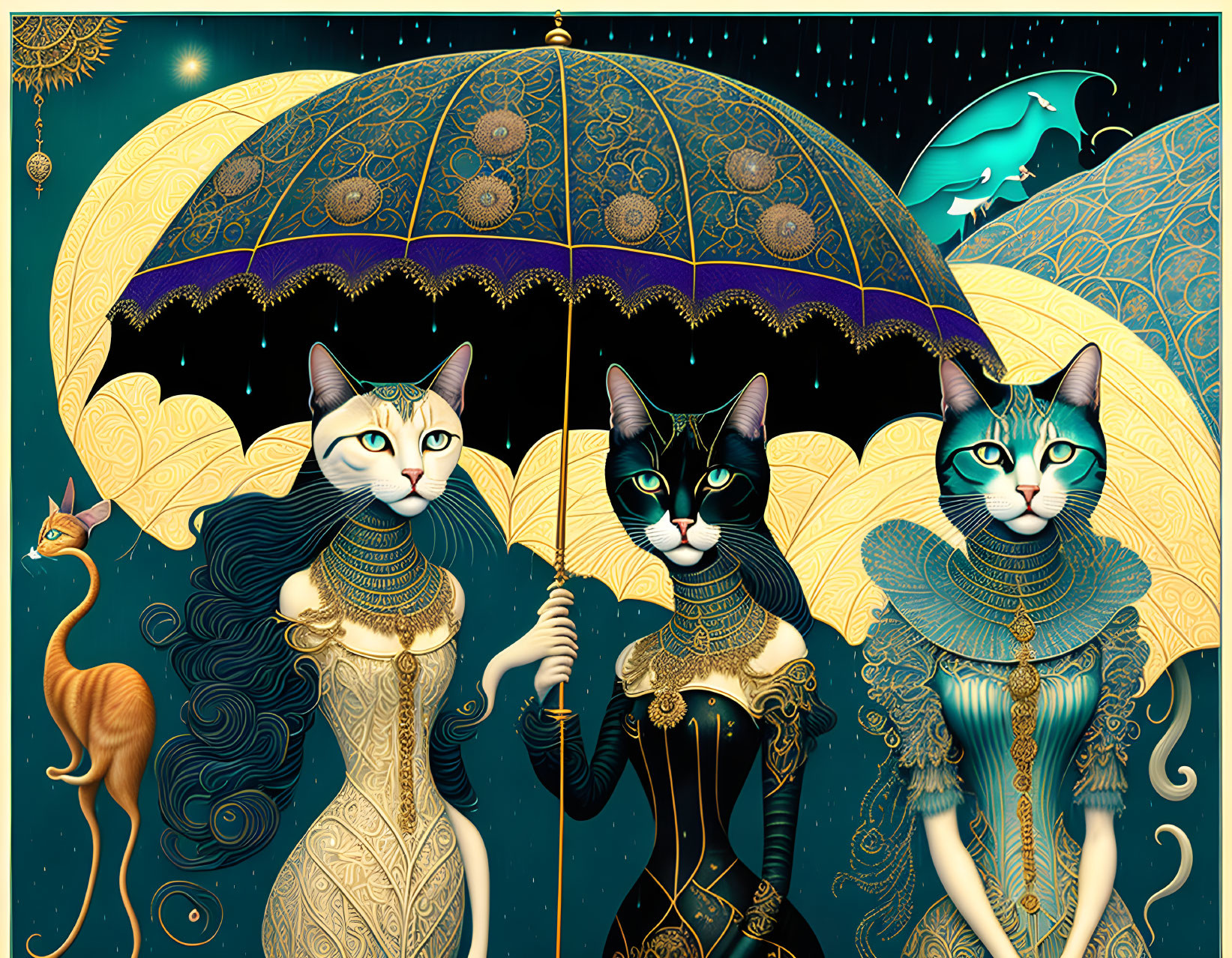 Anthropomorphic cats in elegant attire sharing an umbrella under cosmic sky