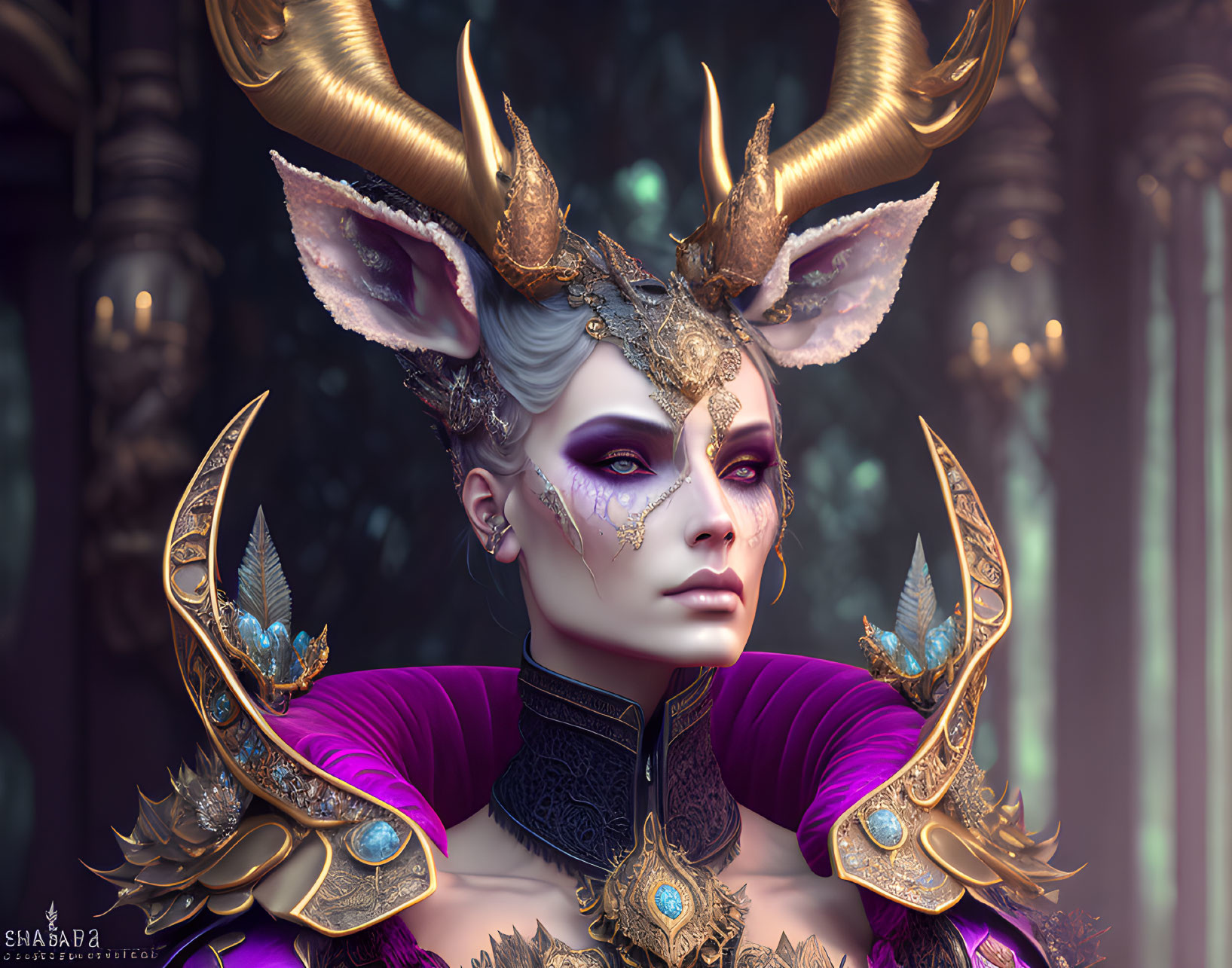 Golden-horned fantastical figure in regal purple attire with intricate facial ornaments.