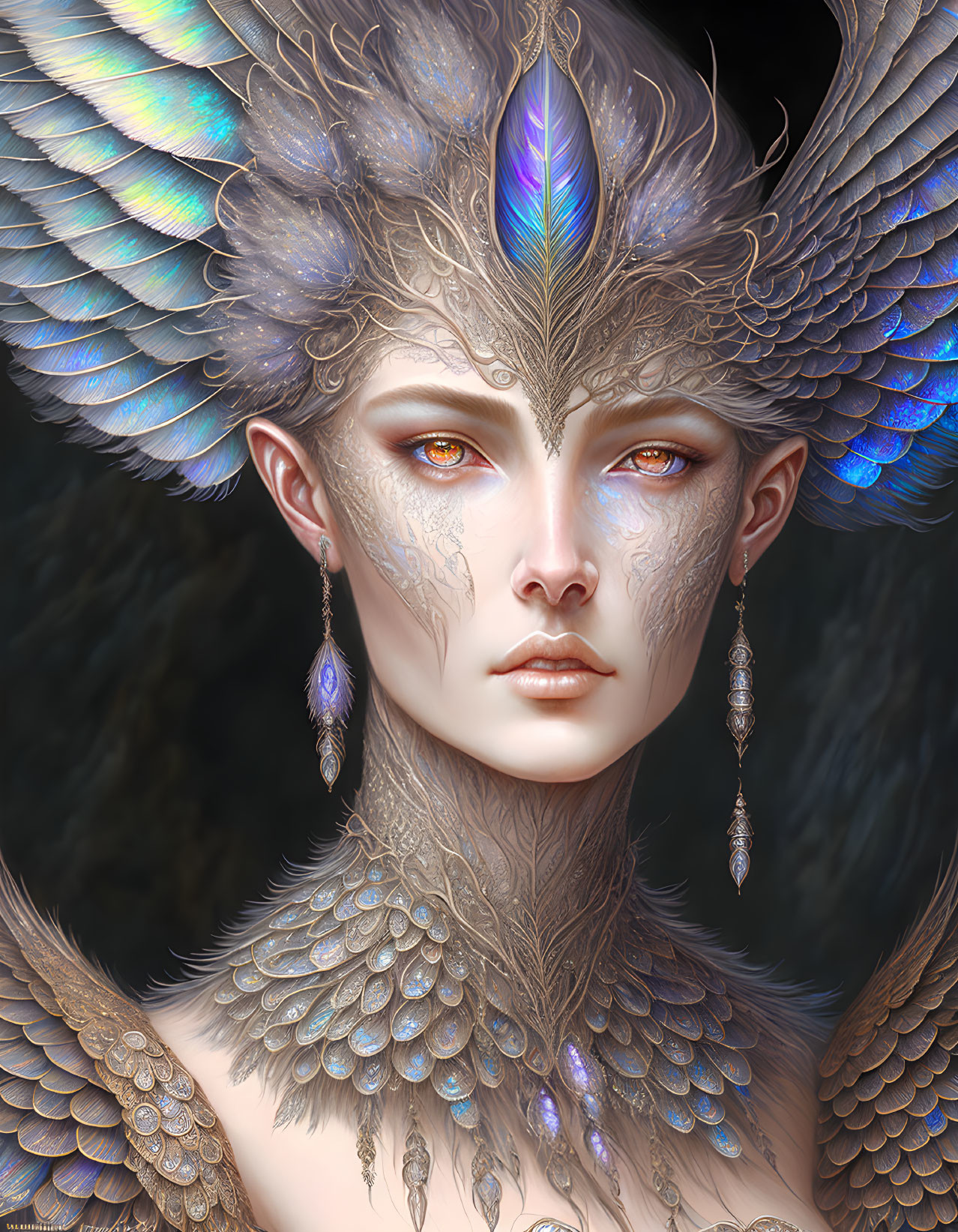 Fantasy portrait featuring feathered headdress, metallic skin patterns, iridescent wings, and captivating