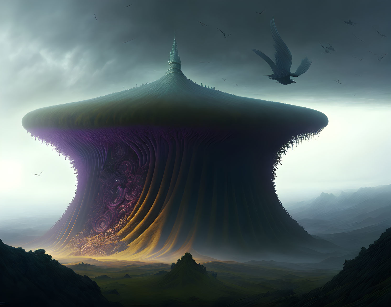 Giant spiral mushroom structure floating over misty landscape