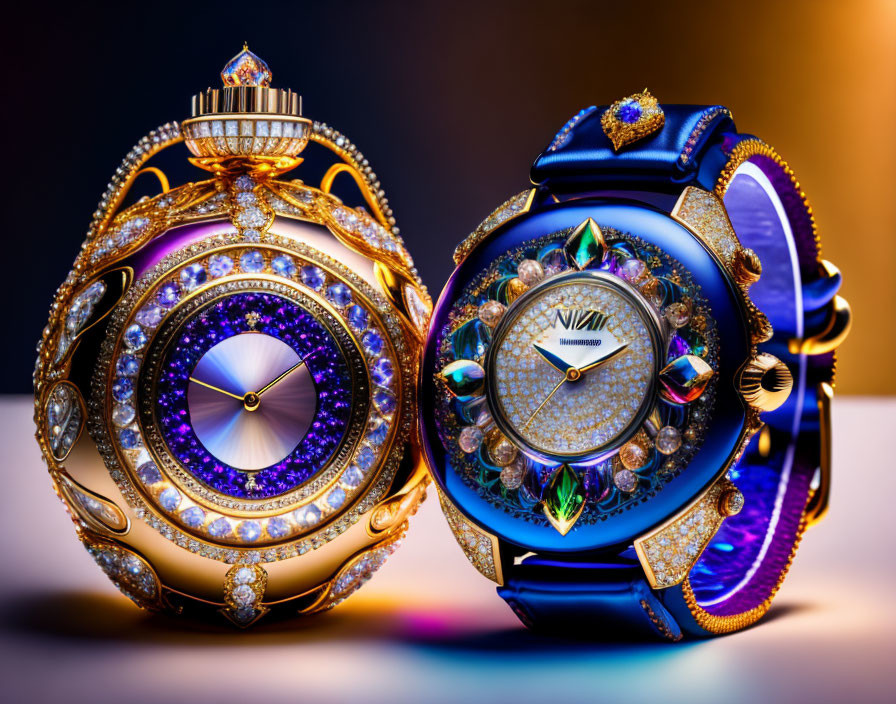 Ornate gem-encrusted watches in gold and blue tones on gradient background