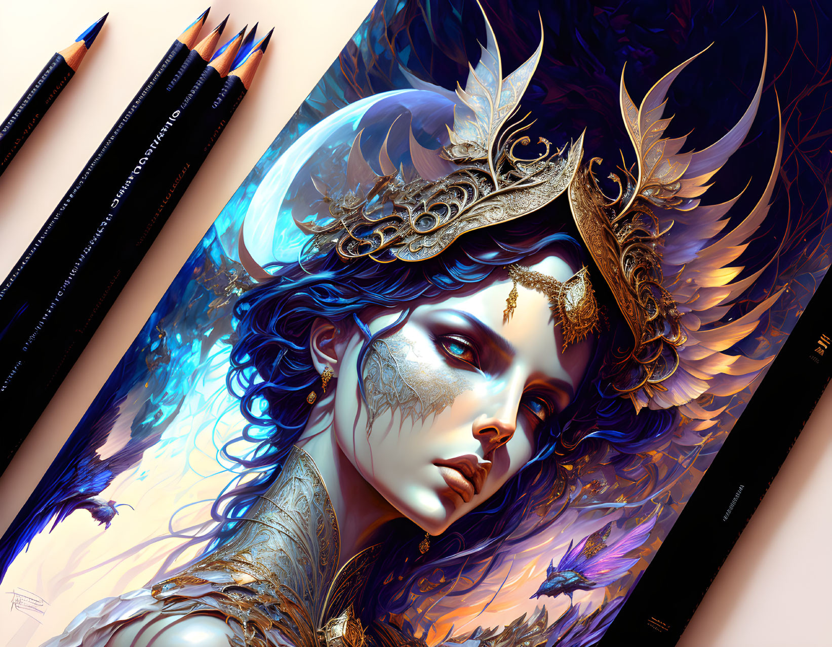 Detailed illustration: Woman with blue hair, golden headpiece, feathers, and pencils, showcasing artistic theme