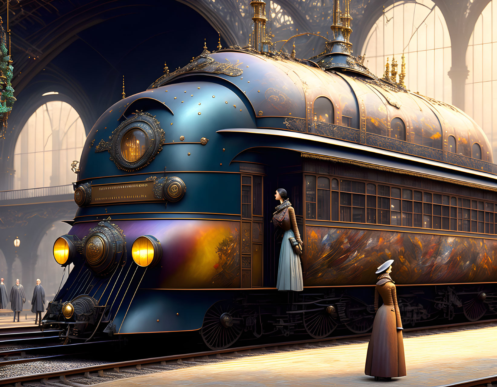 Vintage-style ornately decorated train at a station with elegantly dressed people.